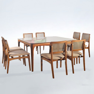 Conjunto Mesa de Jantar Yves Tampo Laqueado Com Vidro Madeira Maciça com 08 Cadeiras Alfama